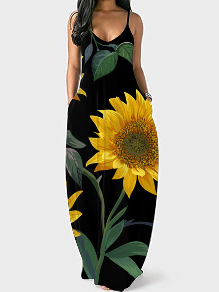 

Bohemian Sunflowers Print Plus Size Beaches Camisole Dress, Black