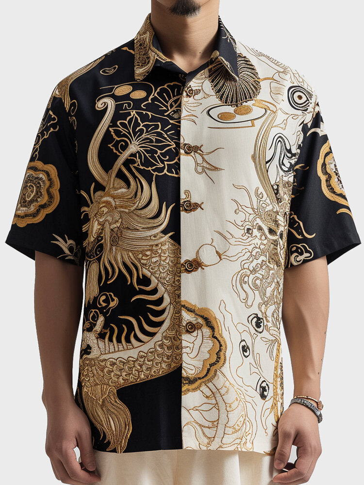 Mens Chinese Dragon Floral Print Patchwork Short Sleeve Shirts