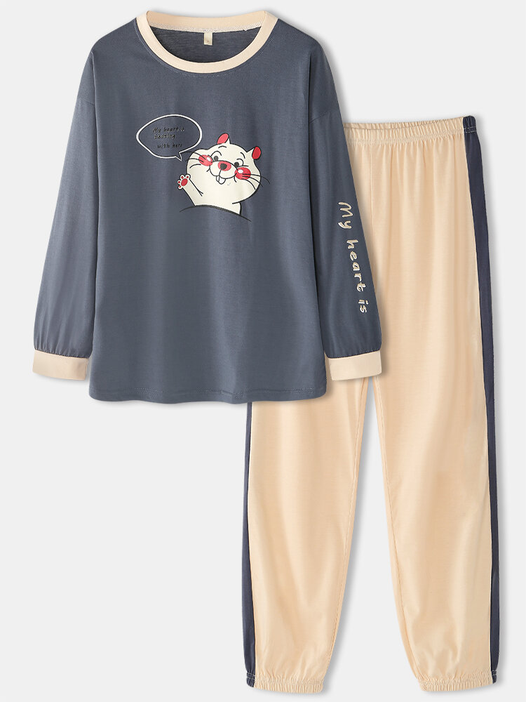 Women Cute Cartoon Rat Print Loose Round Neck Jogging Pants Home Pajamas