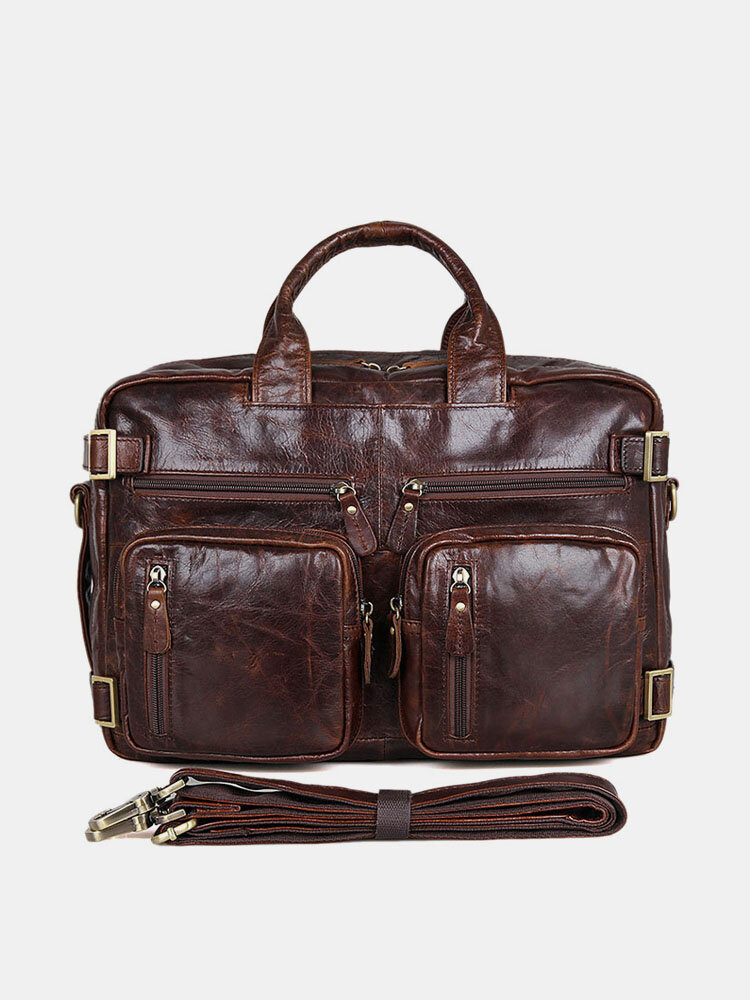 Men Vintage 14 inch Full Grain Leather Laptop Briefcases for Men Business Travel Messenger Bag with Metal Zipper Brown