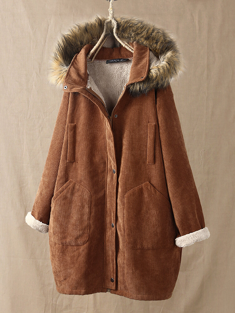 Corduroy Solid Color Plush Hooded Long Sleeve Coat