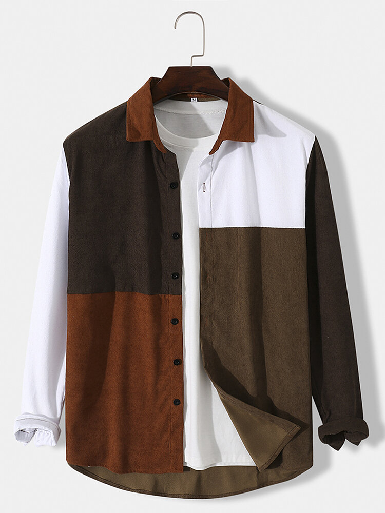 Mens Corduroy Colorblock Patchwork Button Up Casual Long Sleeve Shirts