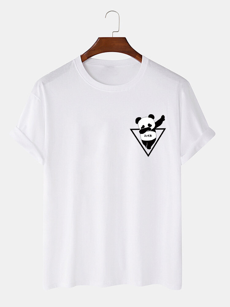 Mens 100% Cotton Cartoon Panda Print O-Neck Casual Short Sleeve T-Shirts