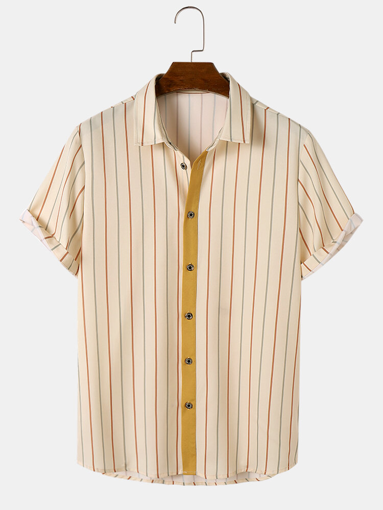 Camisas masculinas de manga curta listrada vertical lapela casual