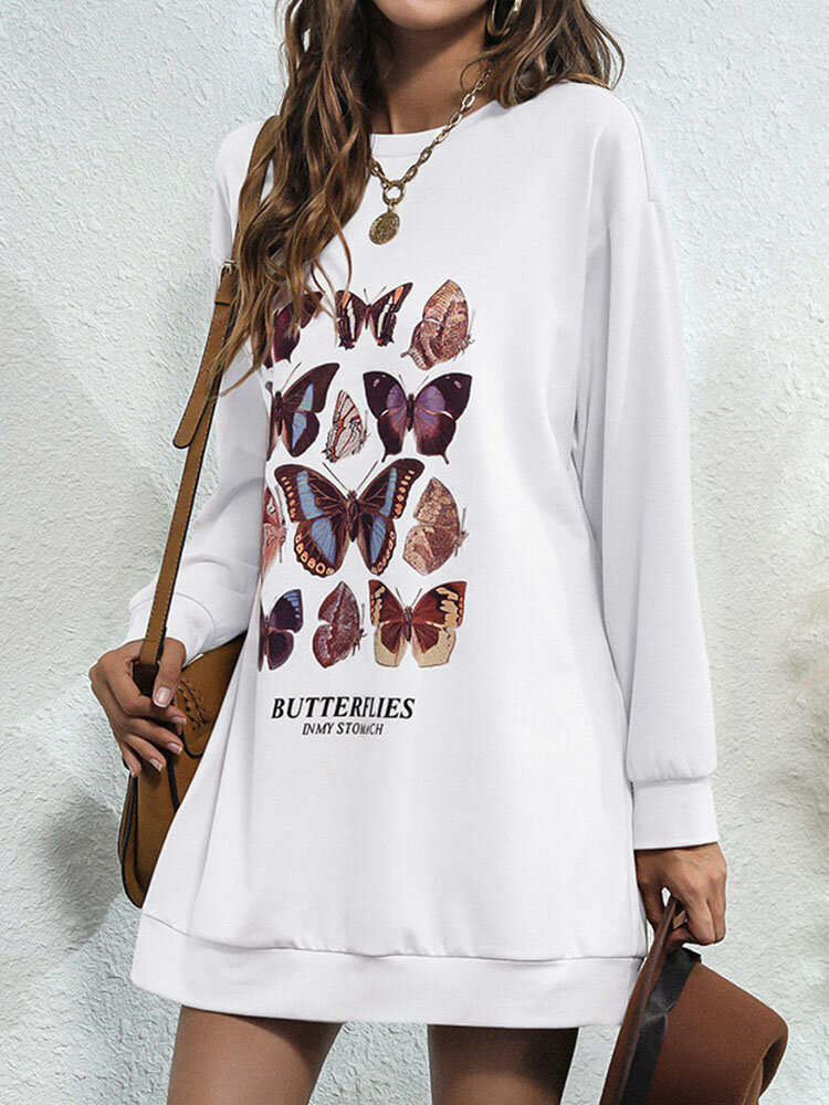 

Butterflies Print Long Sleeve O-neck Midi T-shirt for Women, White