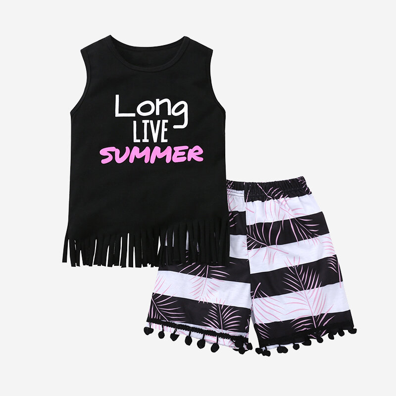 

Girl's Letter Print Tassels Sleeveless Tops+Striped Pants Casual Clothing Set For 2-8Y, Black