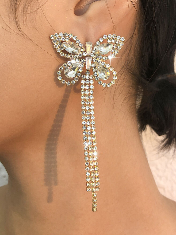

Trendy Luxury Full Diamond Butterfly Tassel Zinc Alloy Claw Chain Studs Earrings, Gold