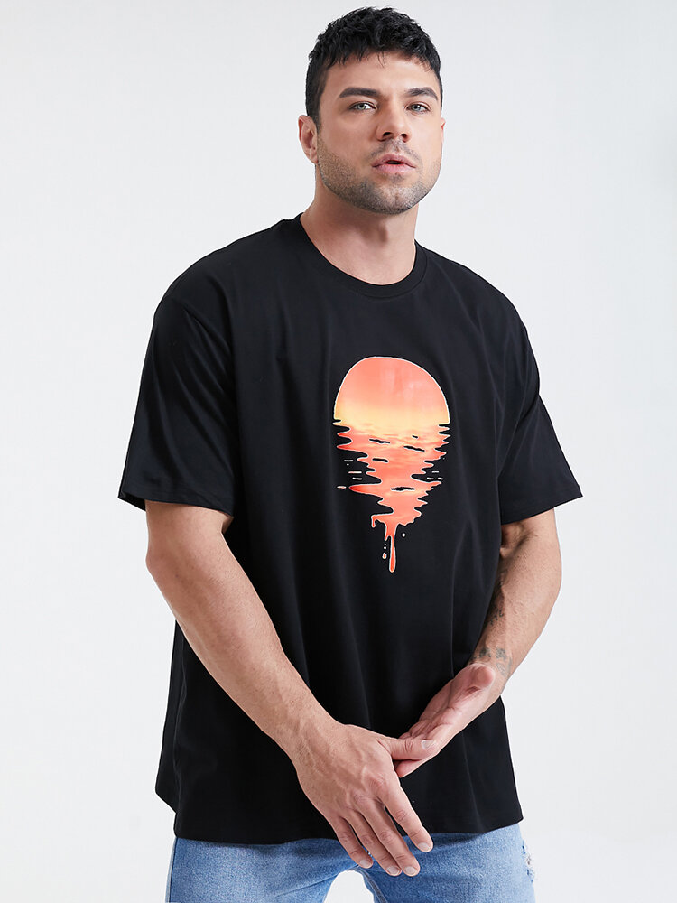 Plus Size Mens Sunset Graphic Print Cotton Fashion Short Sleeve T-Shirt