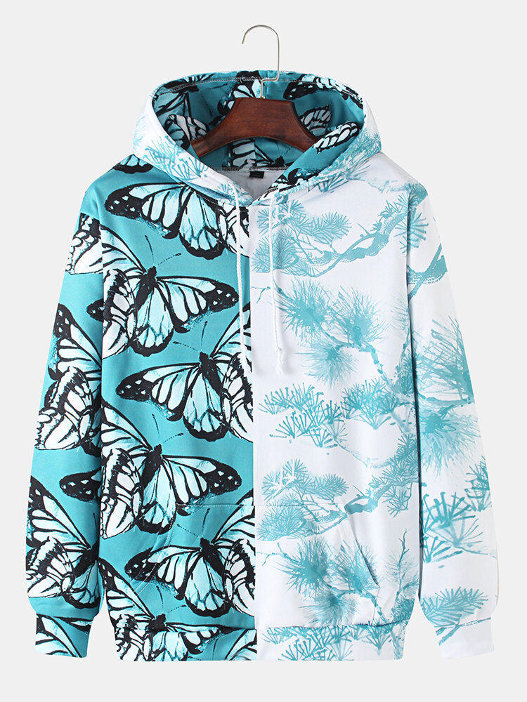 Mens Allover Butterfly Plant Print Patchwork Loose Pouch Pocket Drawstring Hoodies