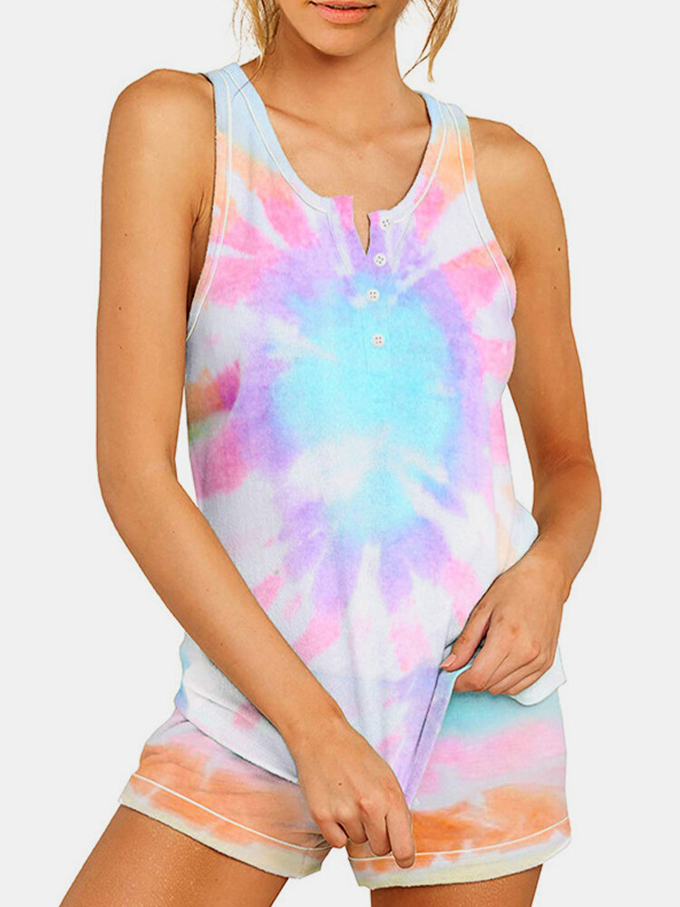 Sleeveless Tie-dyed Print Casual Suit For Women