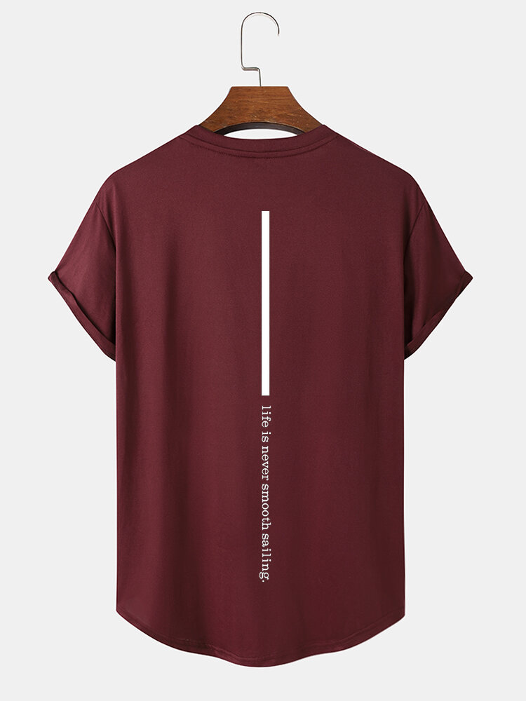 

Mens Line Slogan Back Print Curved Hem Short Sleeve T-Shirts, Black;wine red