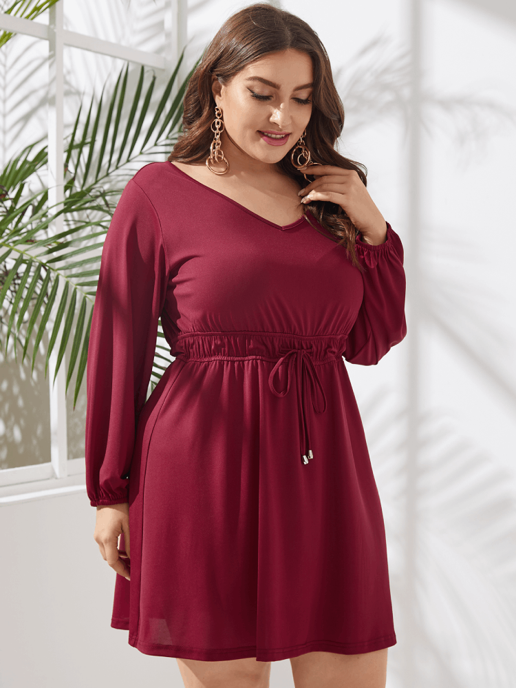 Solid Color V-neck Elastic Sleeve Plus Size Knotted Dress for Women