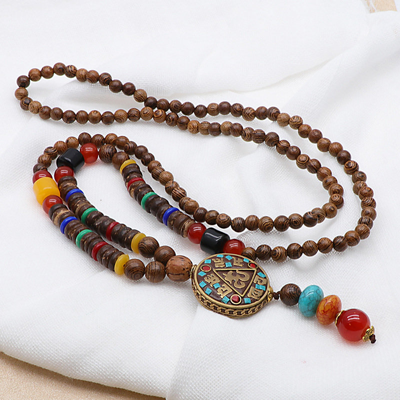 Ethnic Wood Beaded Necklaces Vintage Long Charm Necklaces For Women Sustainable Fashion