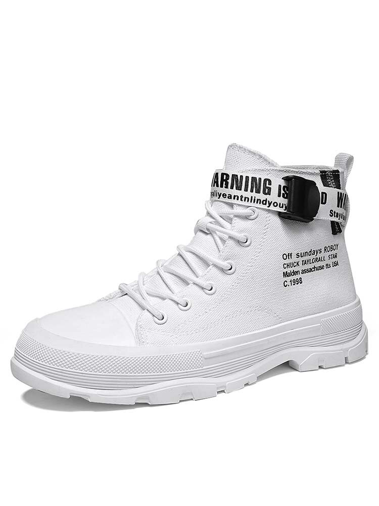 

Men Brief Hard Wearing Buckle Lace Up Canvas High Top Skate Shoes, White;black;black&white