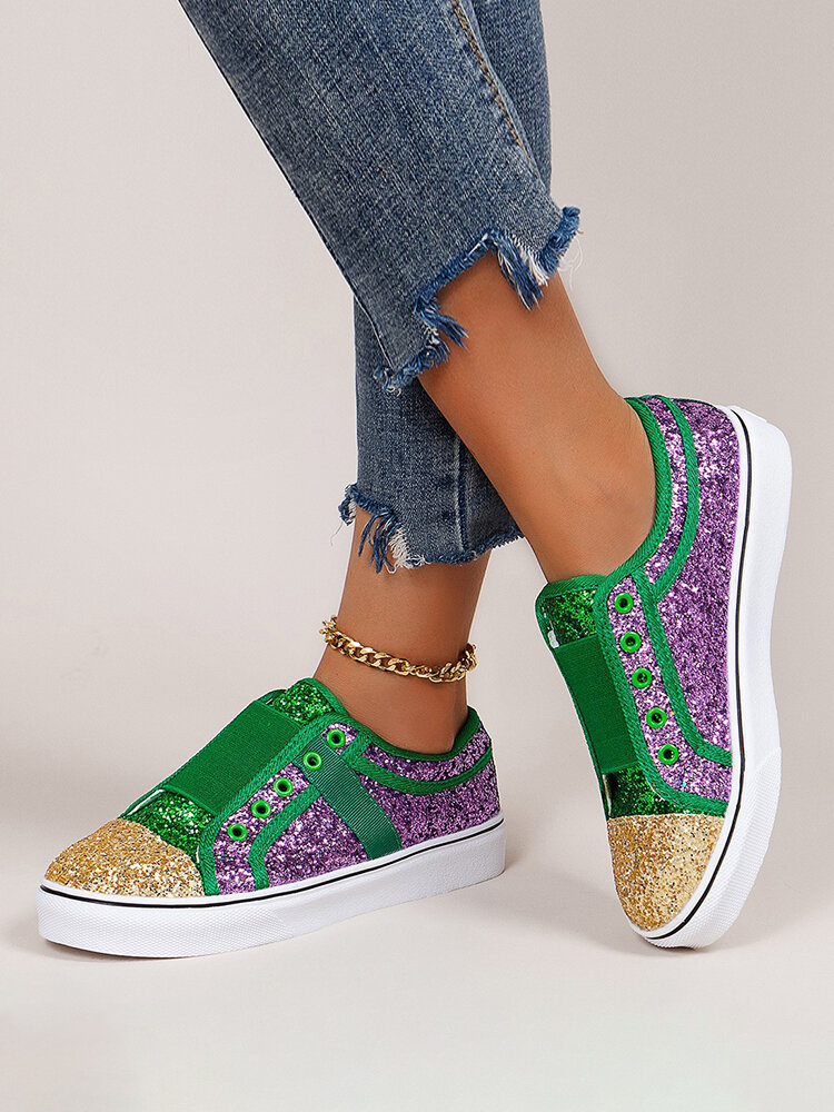 Large Size Women Casual Sequined Color Block Comfortable Sneakers