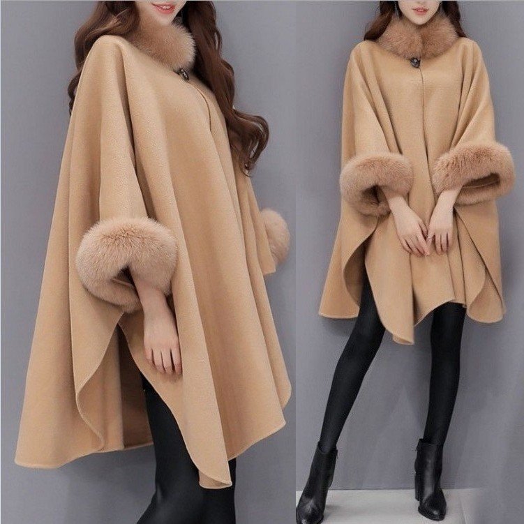 Fur Collar Long Wool Woolen Coat Temperament Cloak Shawl Coat