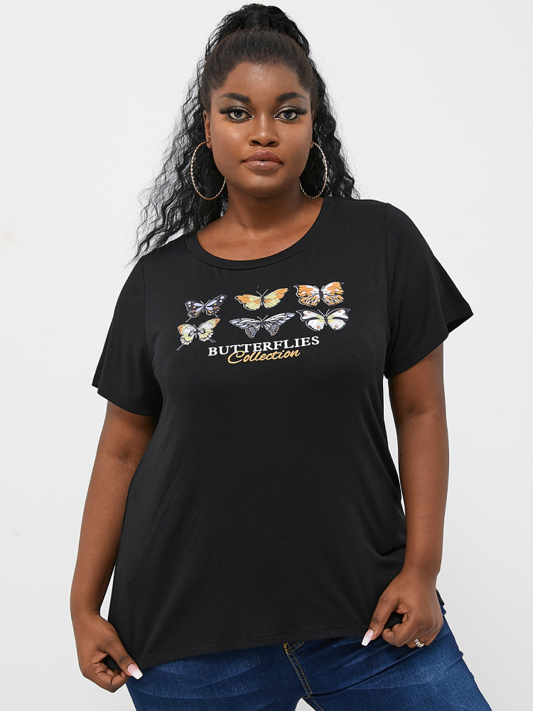 Butterflies Print O-neck Plus Size Casual T-shirt for Women