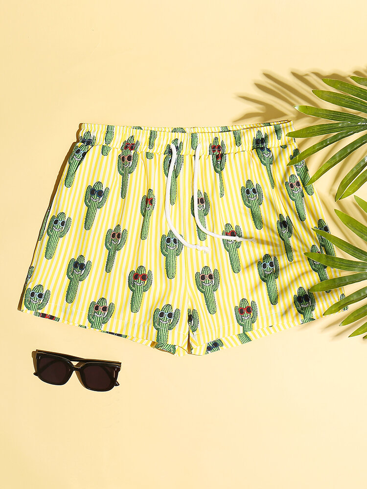 Cute Cactus Baby Cartoon Swim Trunks Drawstring Yellow Striped Casual Shorts for Men