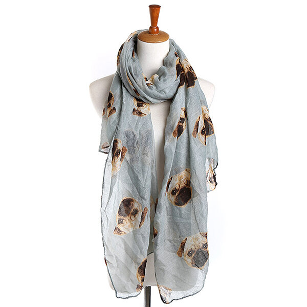 

190cm Women Ladies Voile Pug Print Pattern Long Scarf Warm Wrap Shawl, Light blue;grey;beige