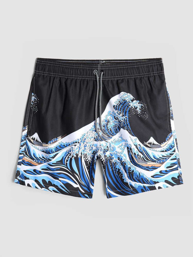 Men Ukiyoe Style Board Shorts Quick Drying Swim Trunks With Pockets