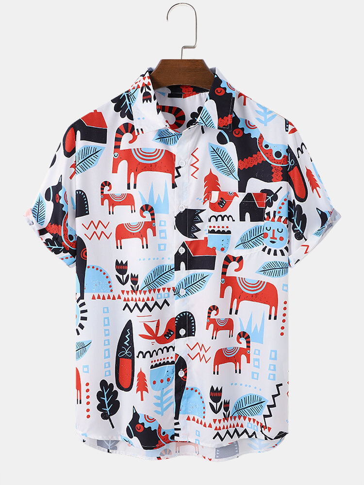 Mens Animals Leaf Print Button Up Short Sleeve Shirts