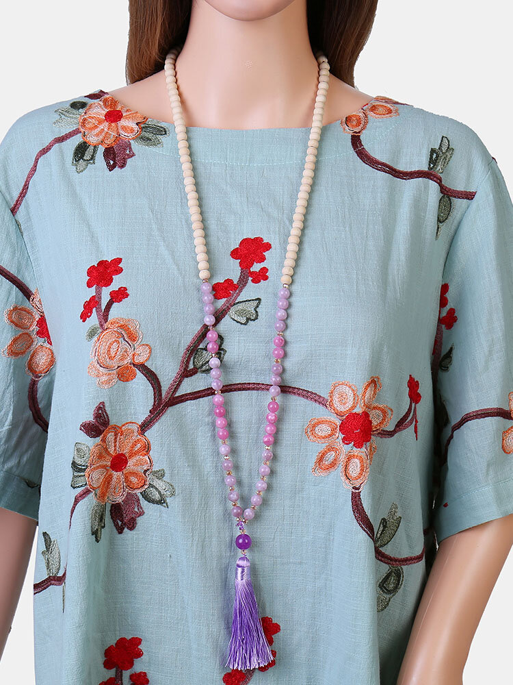 Bohemian Natural Stone Wooden Beads Long Necklace Hand-beaded Crystal Tassel Necklace Sweater Chain