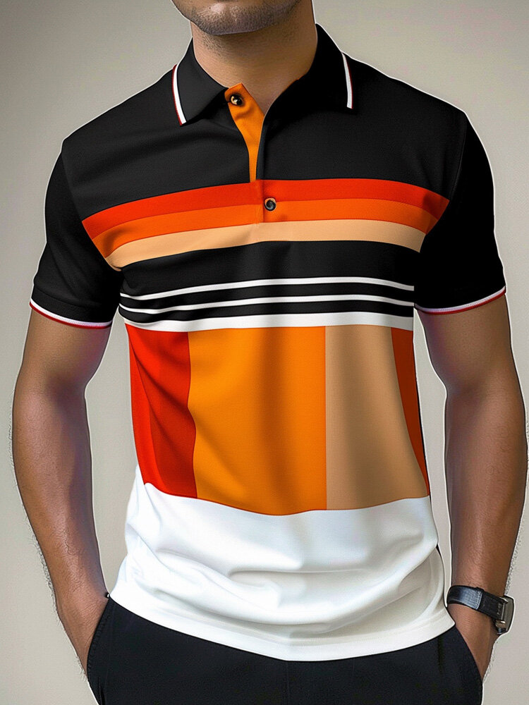 Mens Geometric Color Block Patchwork Casual Mangas Curtas Camisas de Golfe