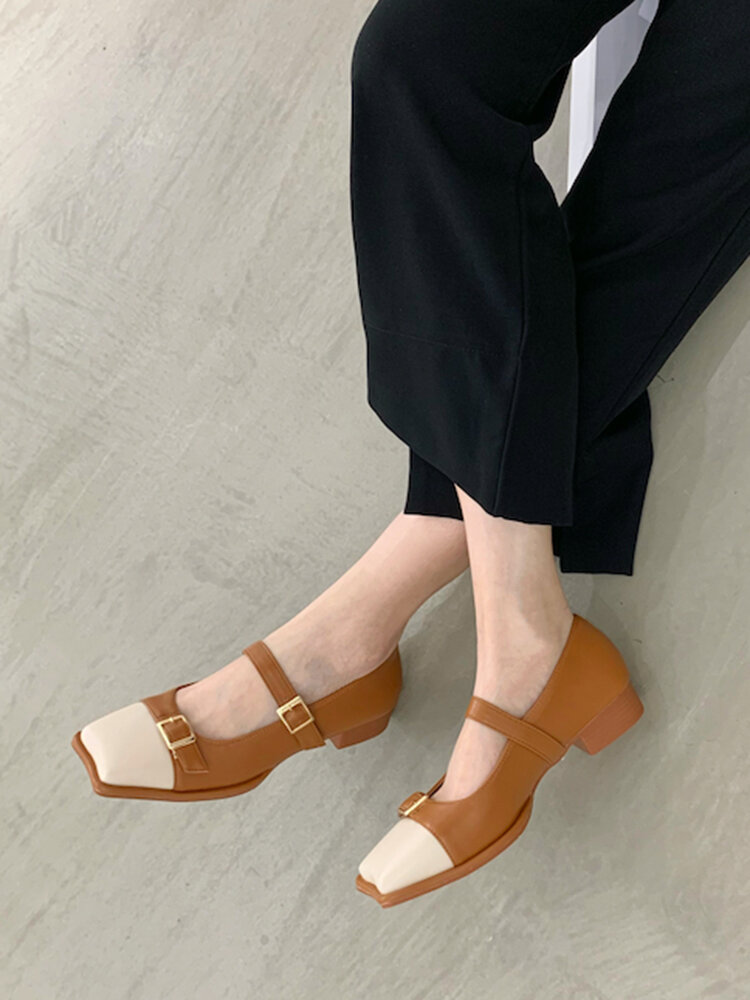 

Women Comfy Square Toe Colorblock Belt Buckle Embellished Mary Jane Flat Shoes, Black;apricot;brown;light green