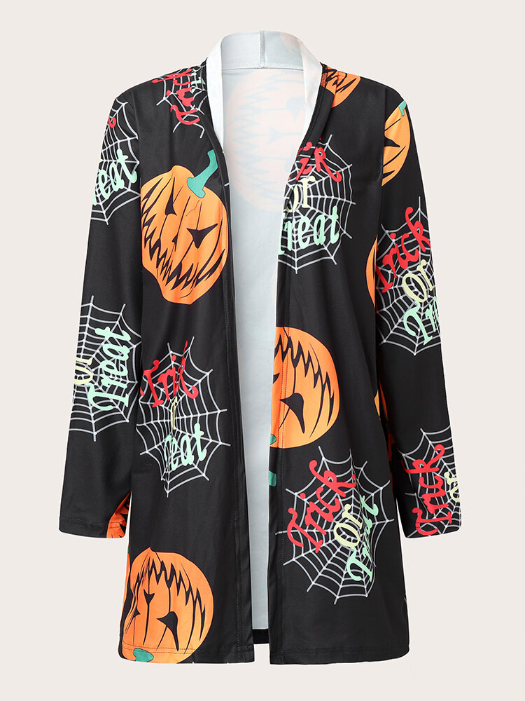 Plus Size Halloween Pumpkin Print Long Sleeve Cardigan