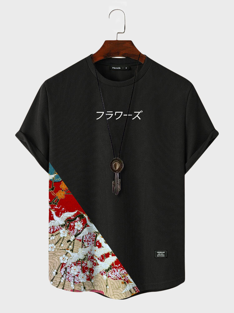 

Mens Japanese Floral Crane Print Patchwork Short Sleeve T-Shirts, Black;khaki