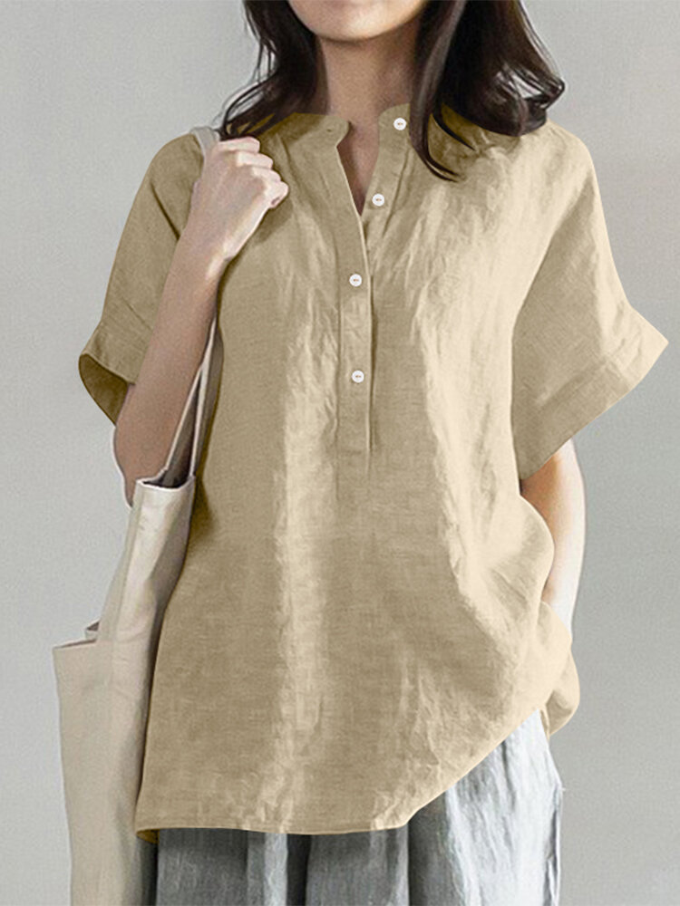 Solid Button Stand Collar Short Sleeve Loose Casual Blouse
