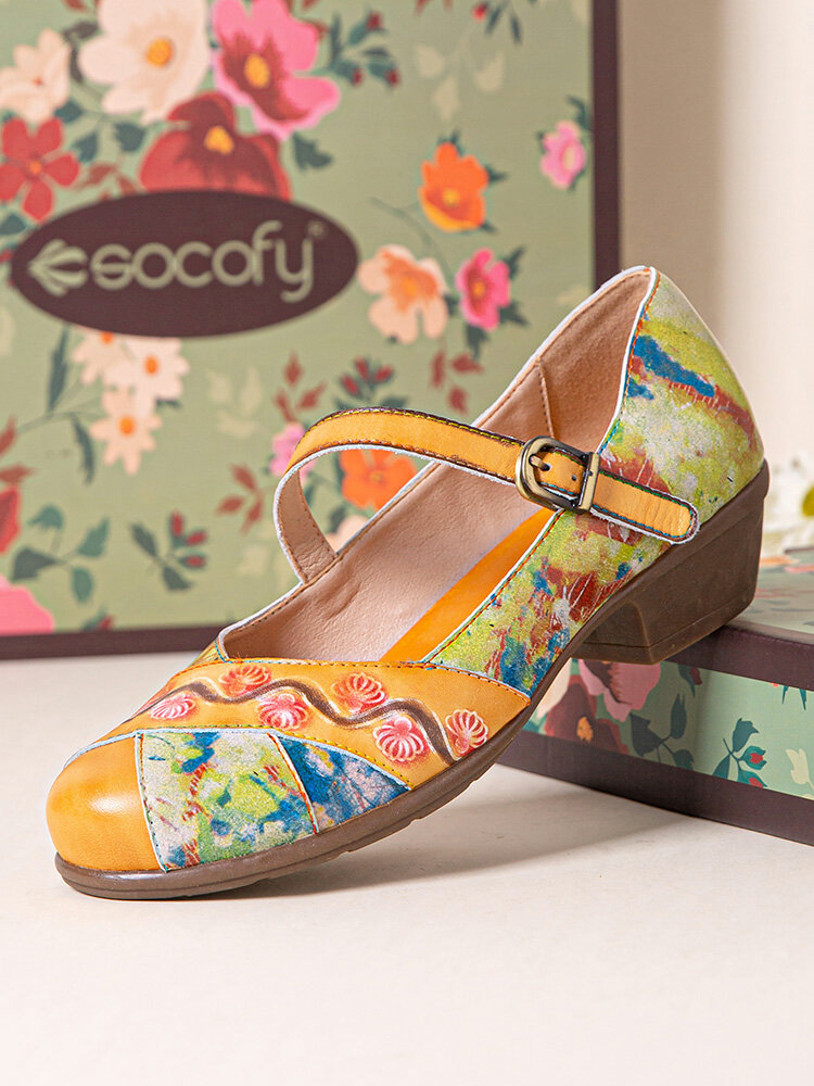 Socofy Leather Round Toe Embossed Print Panel Non-Slip Block Heels