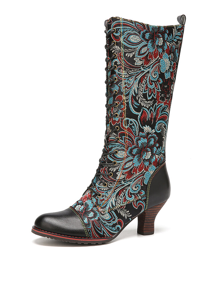 SOCOFY Elegant Flowers Printed Cowhide Leather Wearable Casual Mid-calf Boots