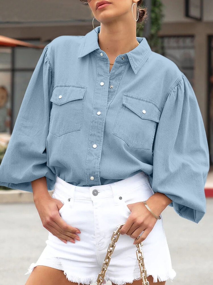 Women Solid Lapel Flap Pocket Long Sleeve Denim Shirt