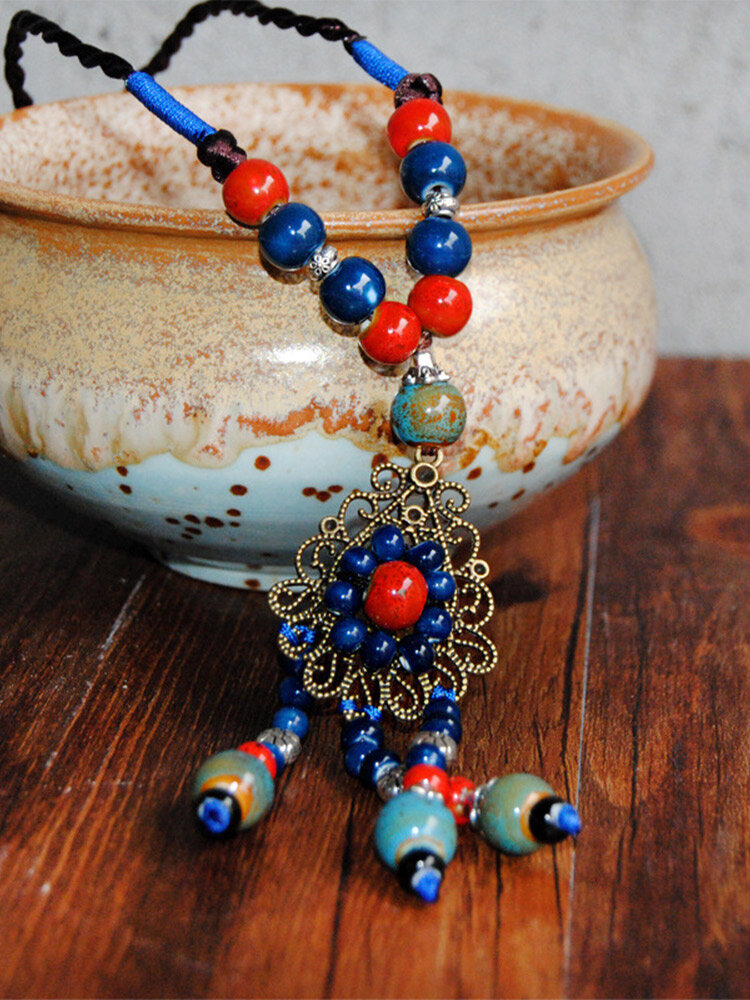 Vintage Geometric-shaped Mixed Color Beaded Hand-woven Ceramic Copper Long Necklace
