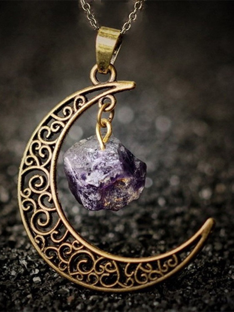Collana in cristallo di pietra naturale in metallo vintage Collana con ciondolo a forma di luna cava geometrica