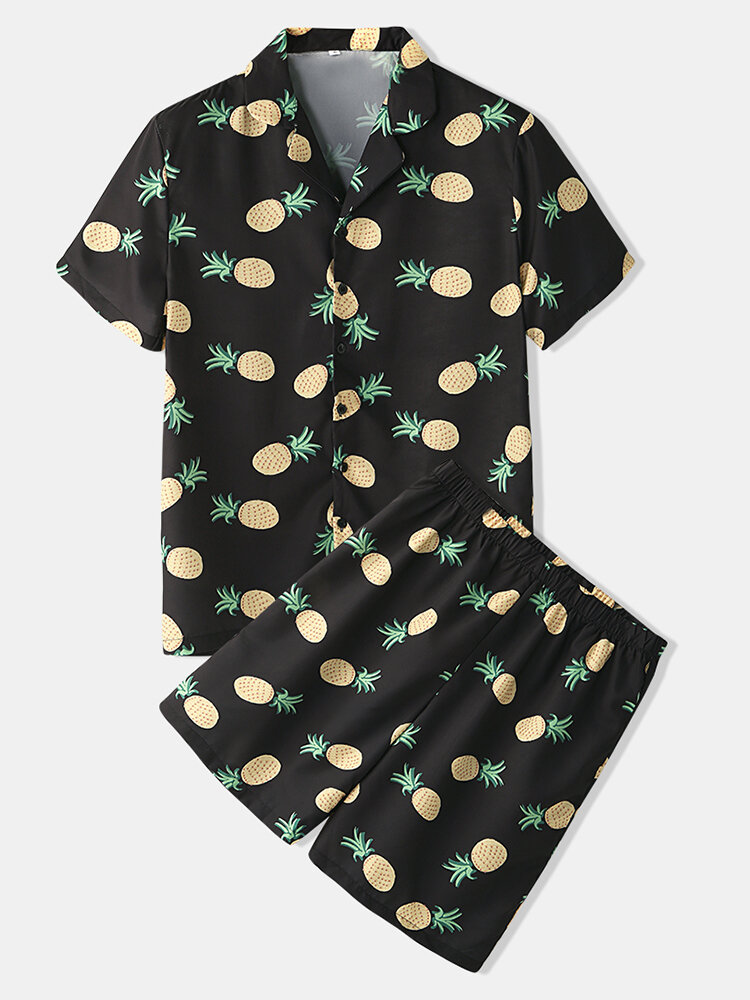 Men Pineapple Printing Pajamas Sets Affordable Silk Thin Summer Cozy Loungewear