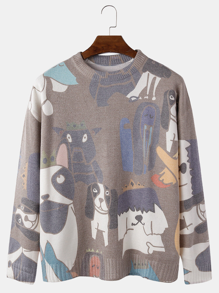 Mens Cartoon Dog Knitted Crew Neck Casual Regular Fit Pullover Sweater
