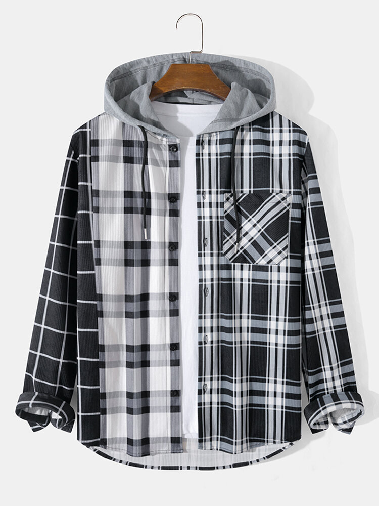Mens Plaid Button Up Corduroy Preppy Long Sleeve Hooded Shirts