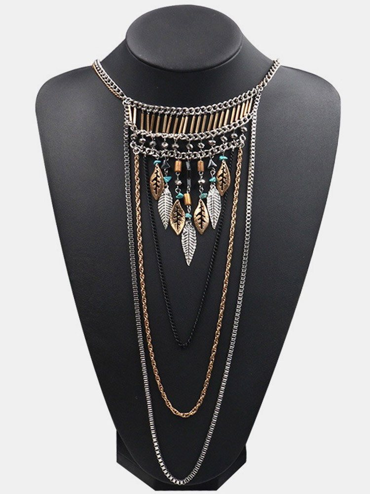 Vintage Leaves Multilayer Necklaces Handmade Alloy Necklaces Diamond Tassels Women Necklaces