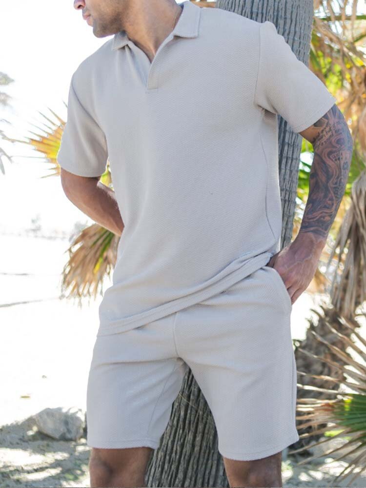 Masculino sólido manga curta golfe Camisa roupas casuais de duas peças