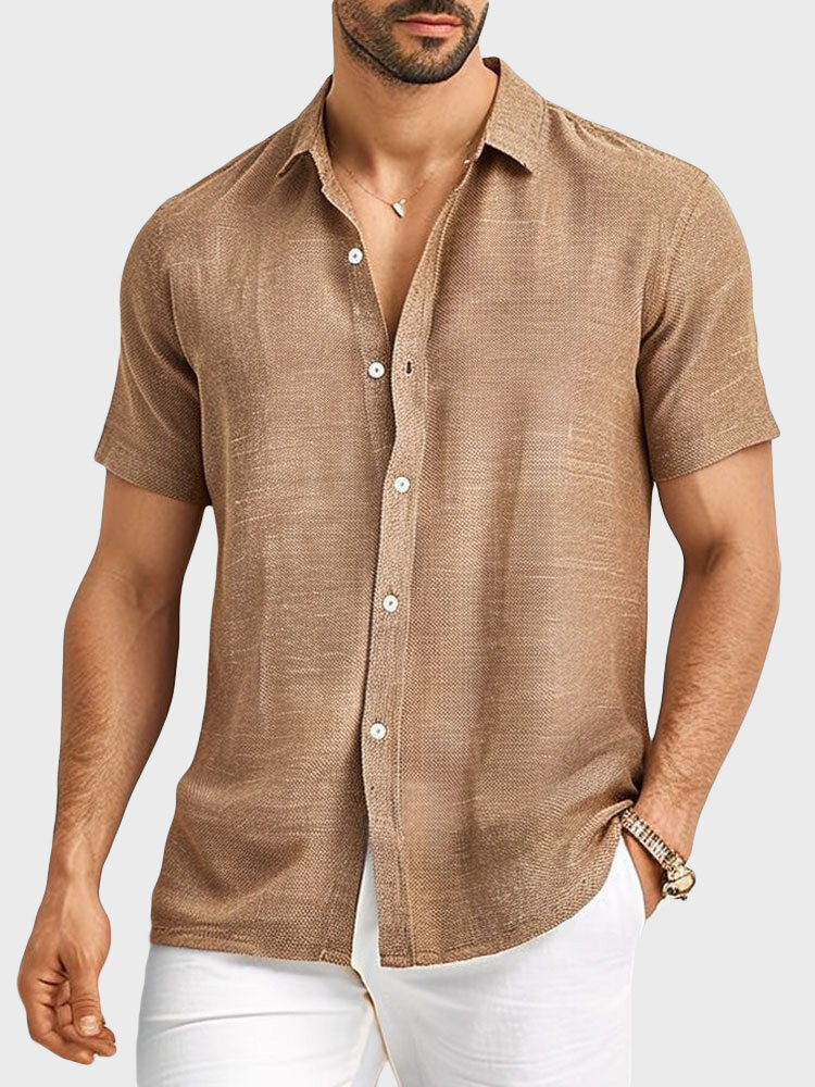 

Mens Solid Color Lapel Short Sleeve Shirt, Coffee