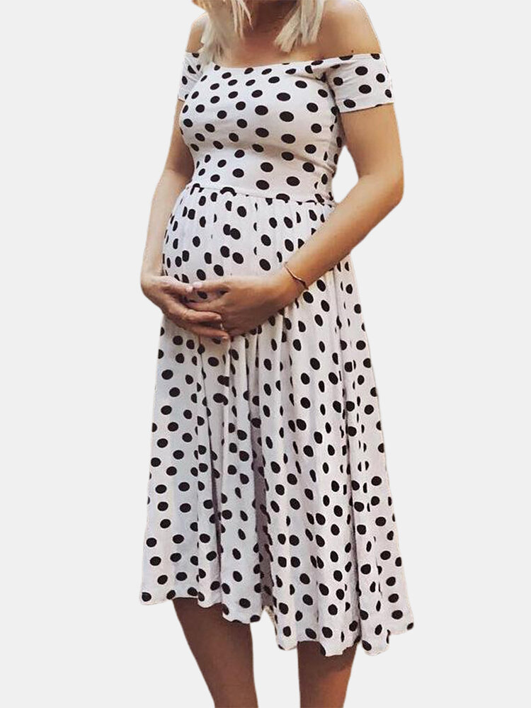 Maternity Dot Print Short-sleeved Off Shoulder Dress For Pregnent Women