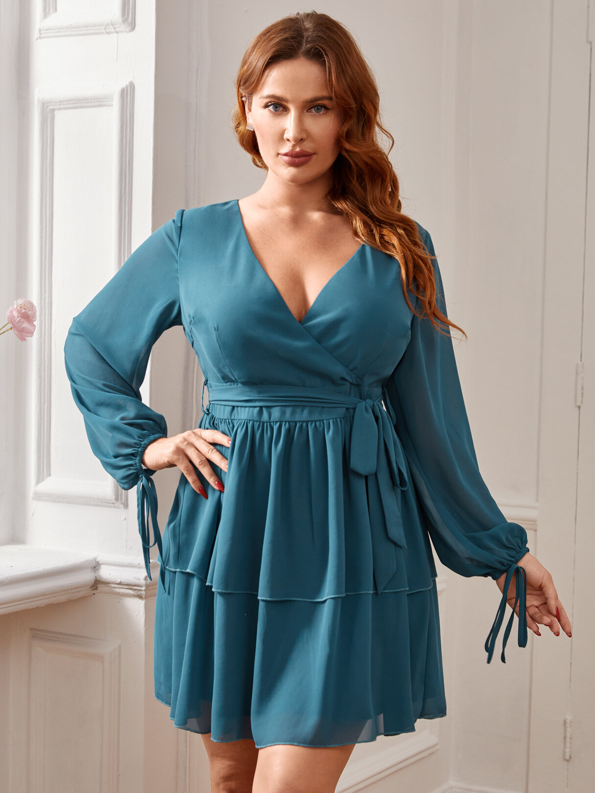 

Plus Size V-neck Belt Design Wrap Design Long Sleeves Dress, Lake blue