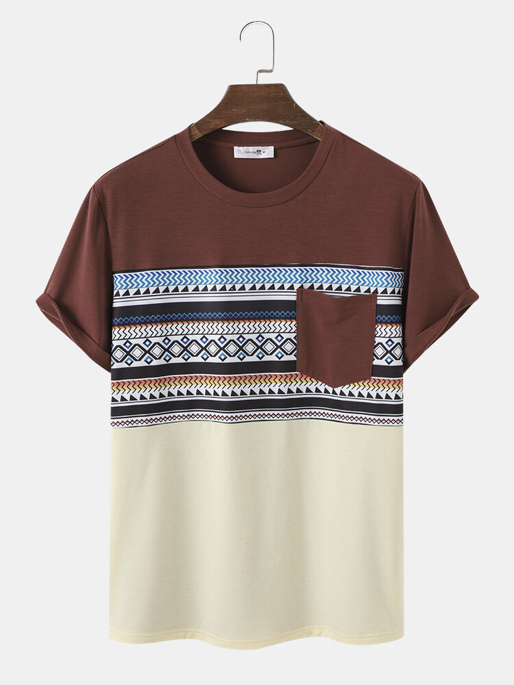 Mens Geometric Striped Print Stitching Ethnic Style Short Sleeve T-Shirts
