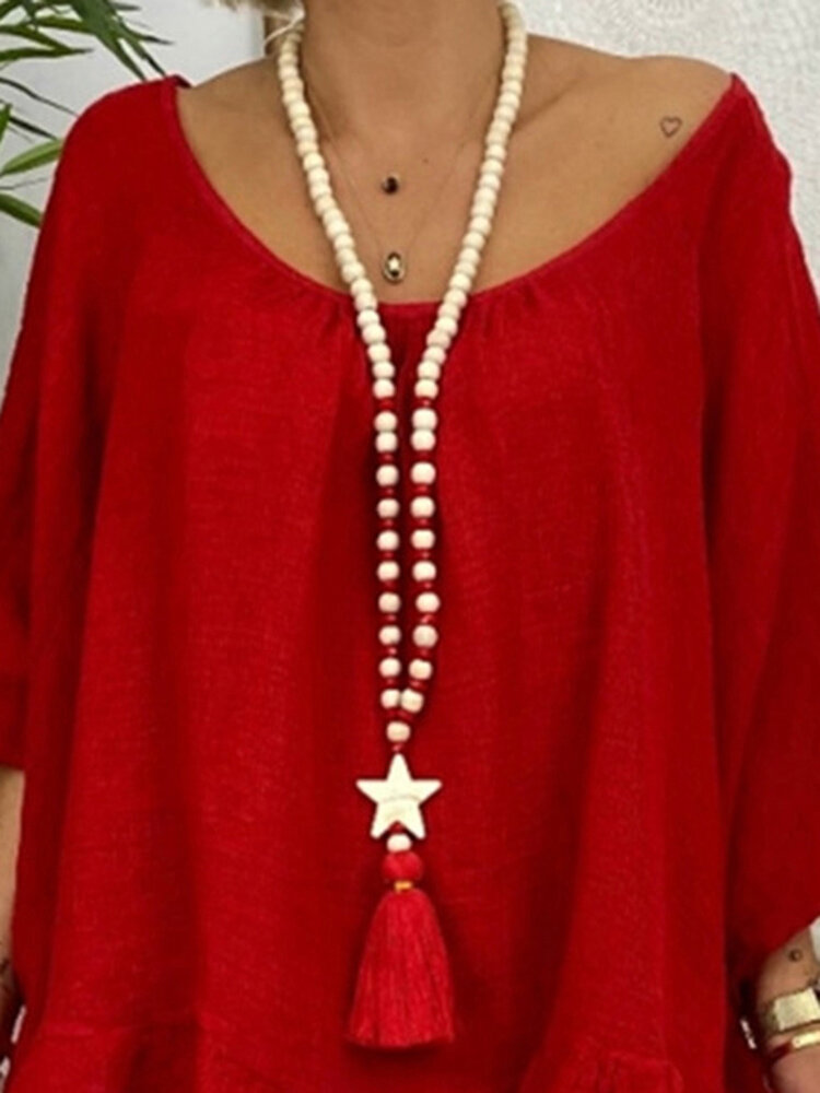 

Bohemian Handmade Wooden Beaded Necklace Long Five-Pointed Star Tassel Sweater Chain, Beige