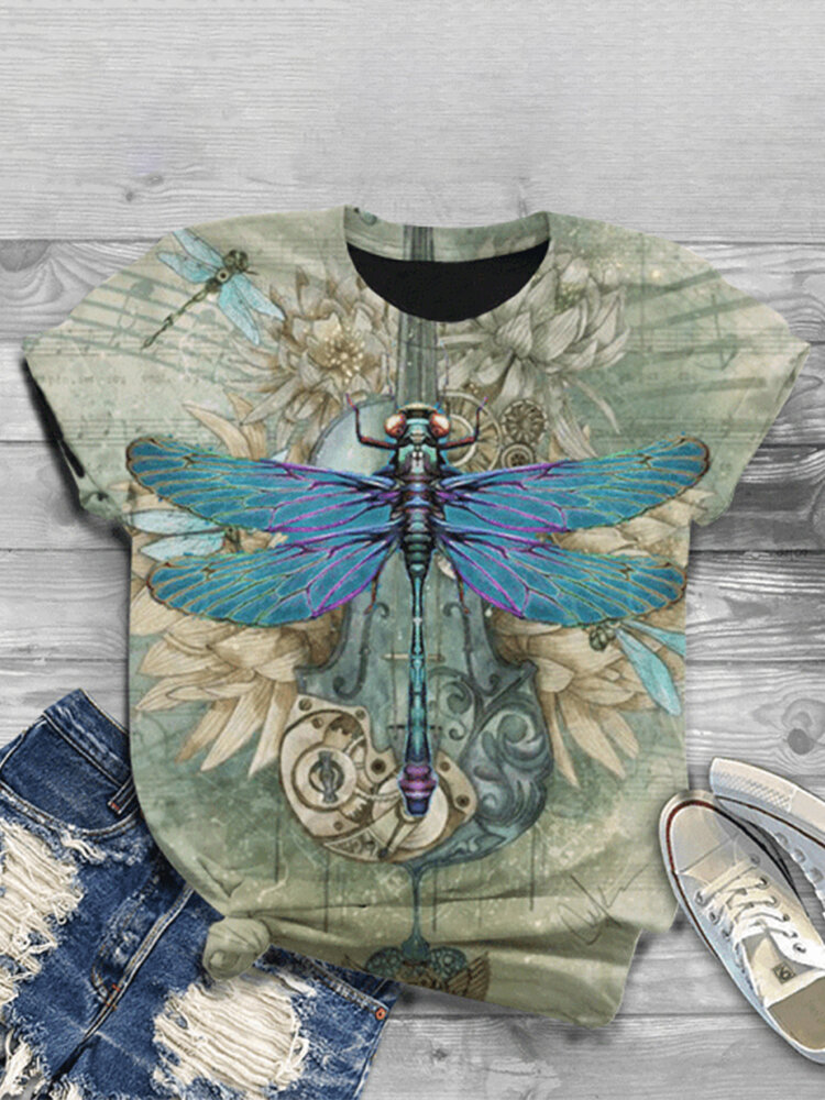 Dragonfly Floral Vintage Print O-neck Short Sleeve T-Shirt For Women