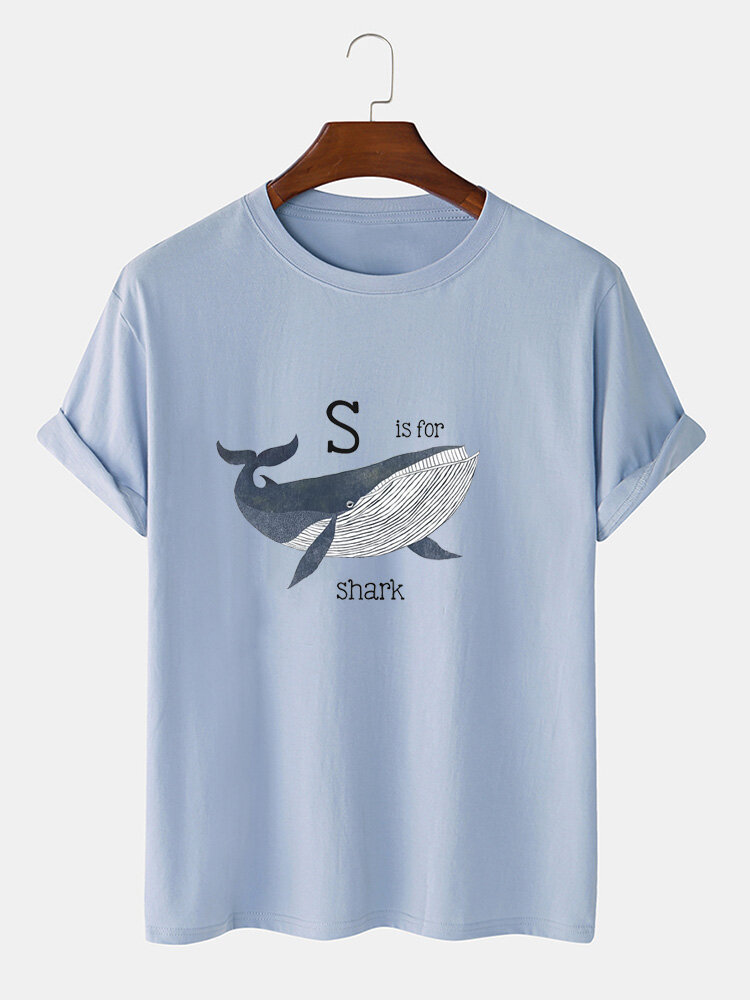 Mens Cotton Cartoon Shark Print Loose Light O-Neck T-Shirts