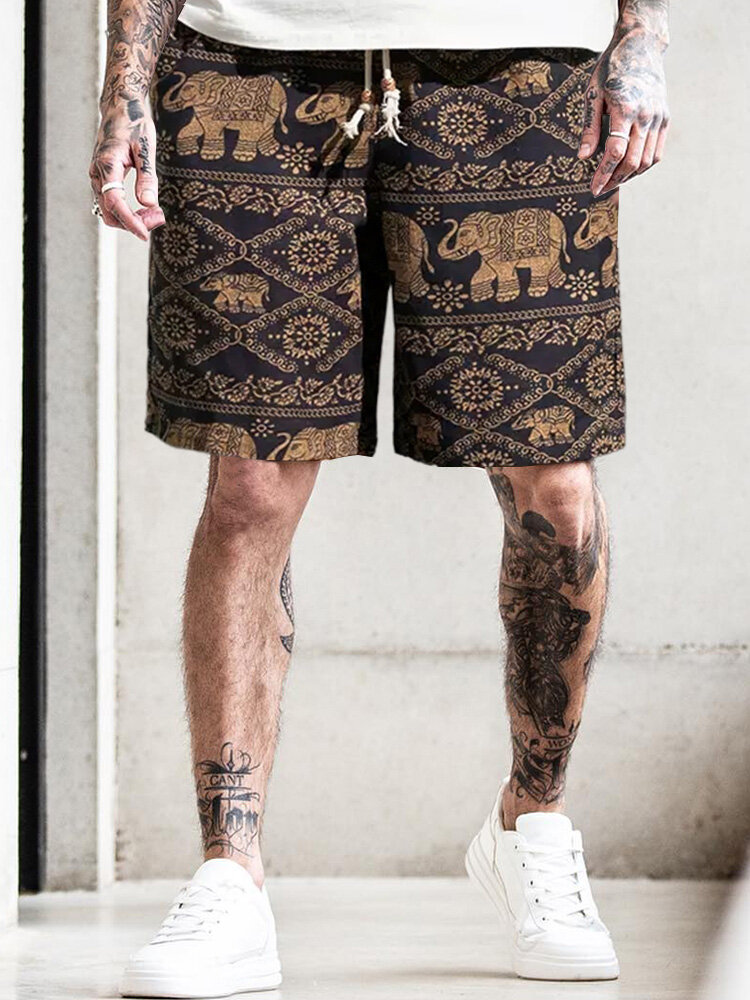 

Mens Ethnic Geometric Elephant Print Drawstring Waist Shorts, Brown