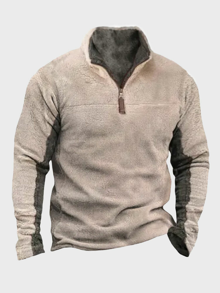 Mens Contrast Patchwork Stand Collar Quarter Zip Fleece Sweatshirts Winter